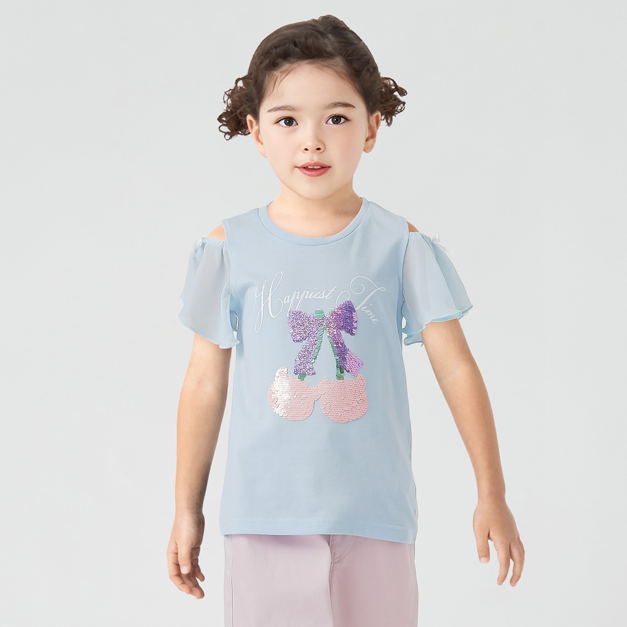 天竺チェリくまスパンコール袖シフォンTシャツ 女の子 キッズ 100cm-130cm(サックス-130cm)