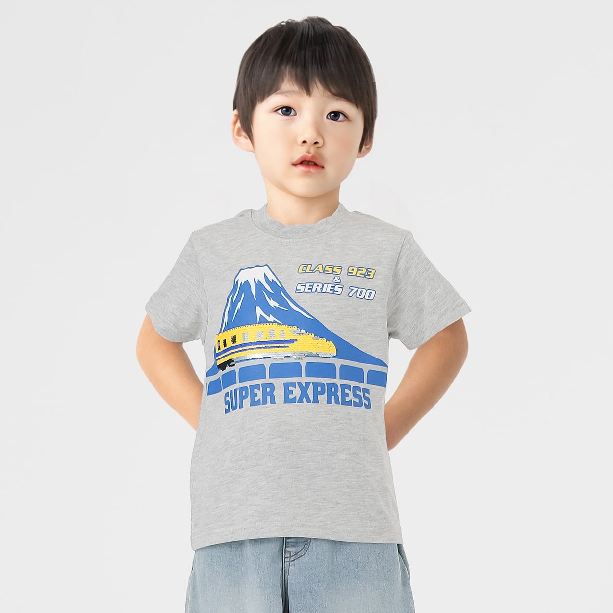 新幹線スパンコールＴシャツ ドクターイエロー/700系 男の子 キッズ 100cm-120cm(ライトグレー-100cm)