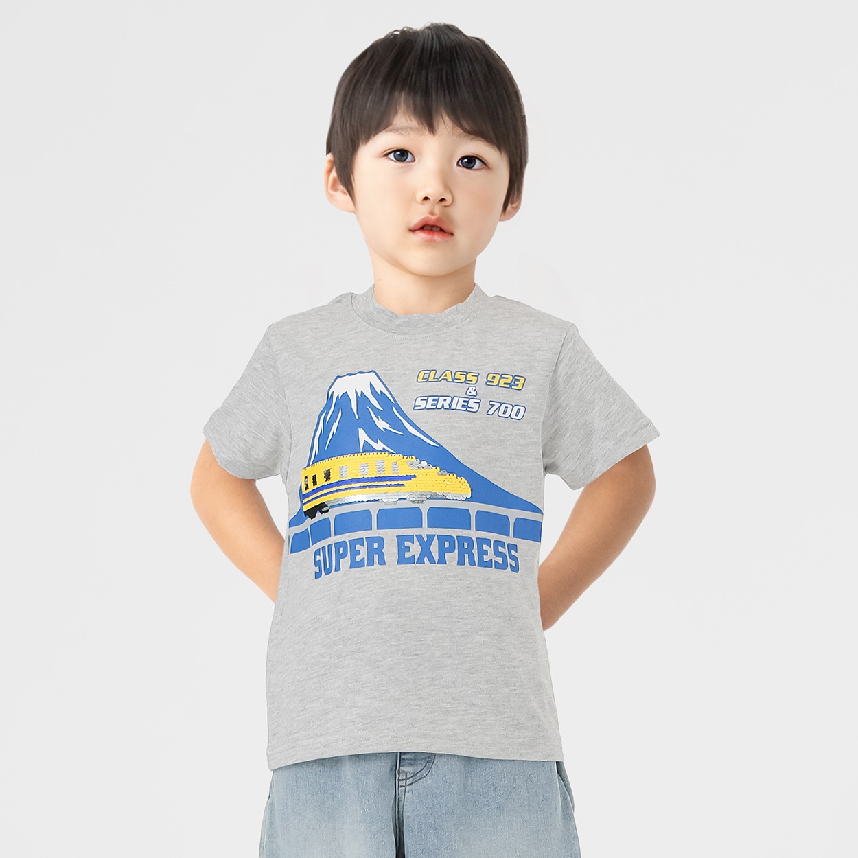 新幹線スパンコールＴシャツ ドクターイエロー/700系 男の子 キッズ 100cm-120cm(ライトグレー-120cm)