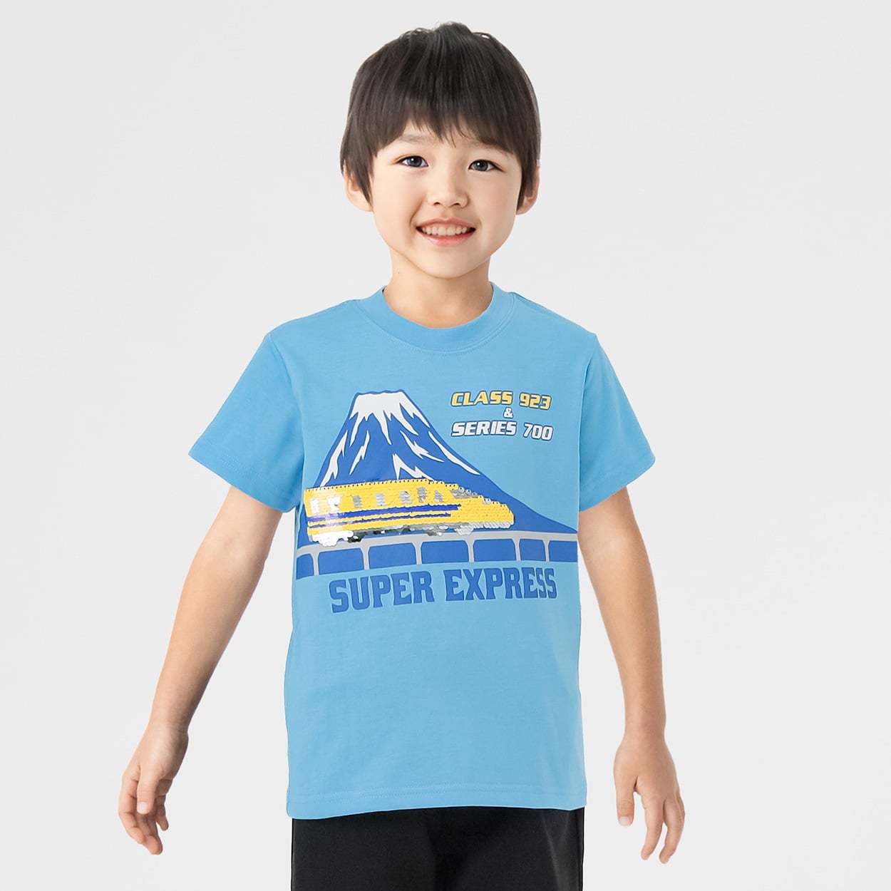 新幹線スパンコールＴシャツ ドクターイエロー/700系 男の子 キッズ 100cm-120cm(サックス-120cm)