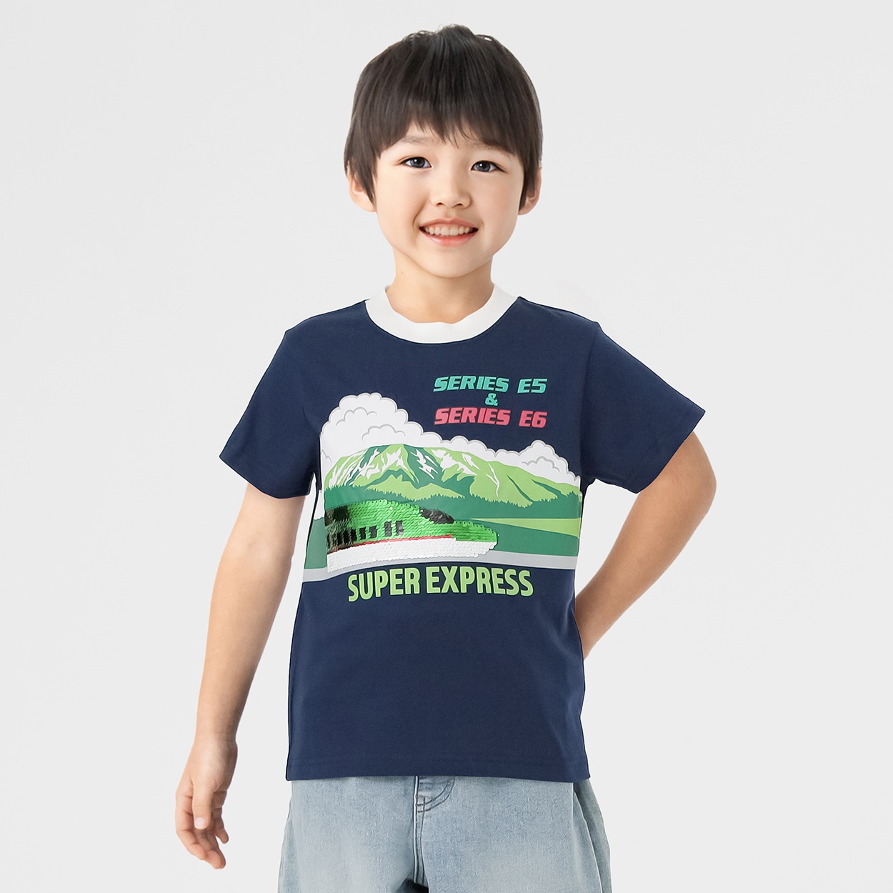 新幹線スパンコールＴシャツ はやぶさ/こまち 男の子 キッズ 100cm-120cm(ネイビー-100cm)