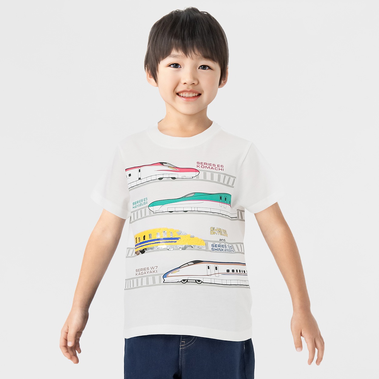 新幹線スパンコールＴシャツ 男の子 キッズ 100cm-120cm(ホワイト-100cm)