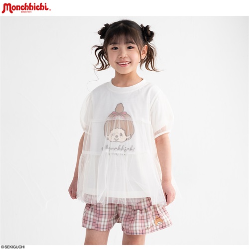 PIAMON モンチッチ×チムたん チュール被せＴシャツ 女の子 キッズ 110cm-130cm(ホワイト(モンチッチ)-110cm)