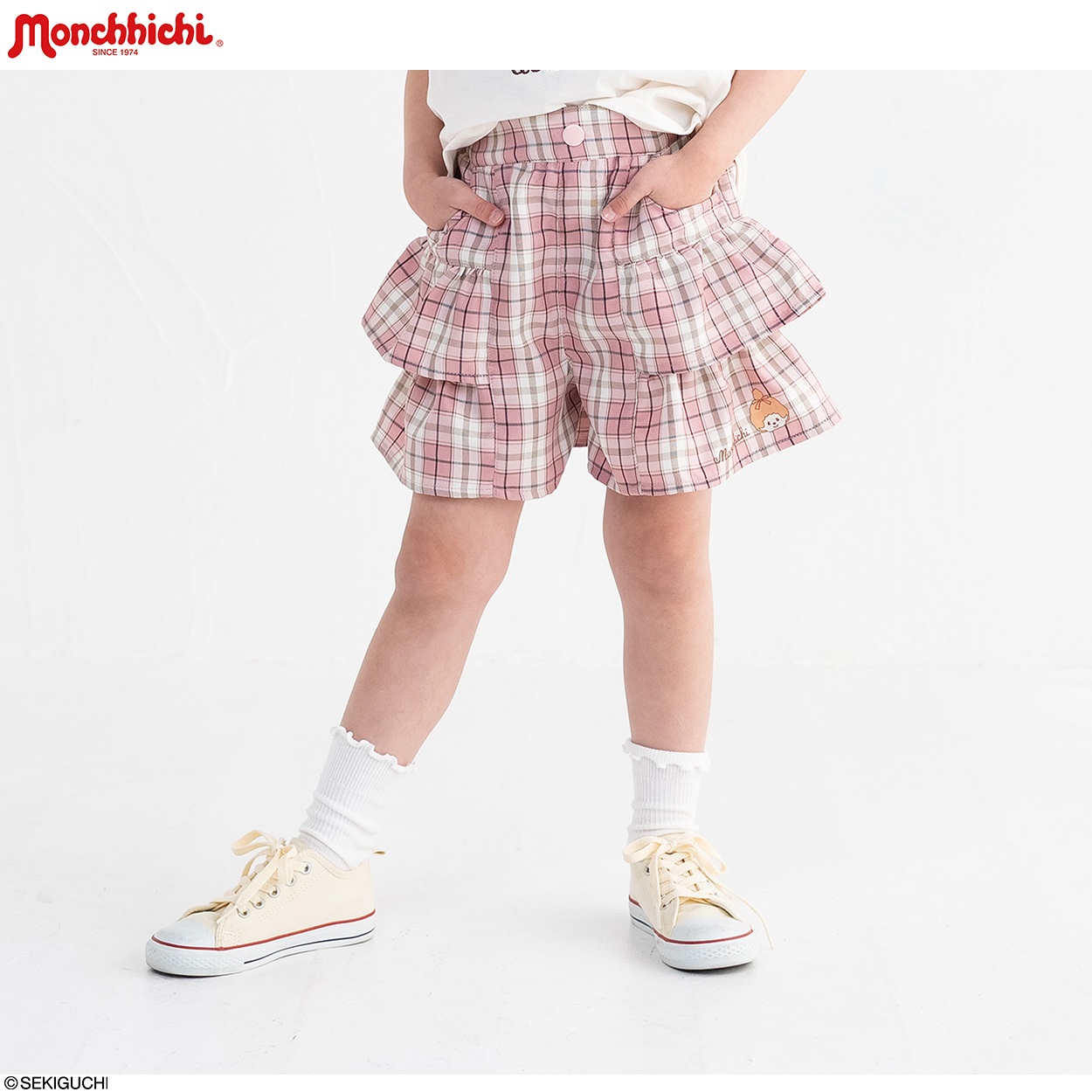 elle モンチッチ Mサイズ 女の子 デニムチェックスカート PIAMON モンチッチ チェックキュロット 女の子 キッズ 110cm-130cm