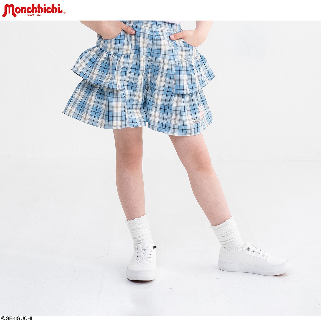 elle モンチッチ Mサイズ 女の子 デニムチェックスカート PIAMON モンチッチ チェックキュロット 女の子 キッズ 110cm-130cm