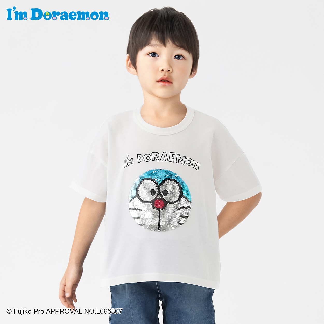 ドラえもん⇔ジャイアン スパンコールＴシャツ 男の子 キッズ 100cm-130cm(ホワイト-100cm)