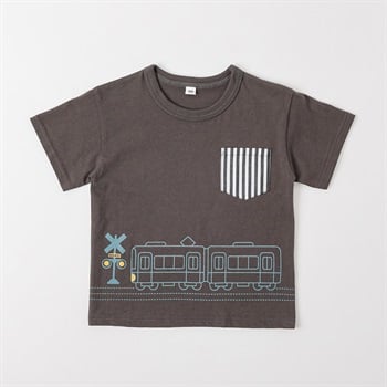 電車プリントTシャツ 男の子 キッズ 100cm-130cm(チャコ－ルグレ－-100cm)
