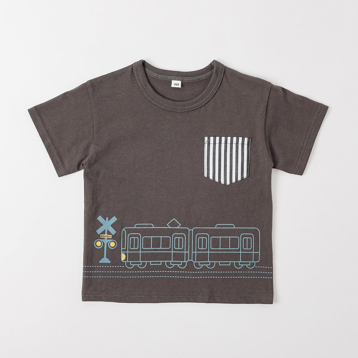 電車プリントTシャツ 男の子 キッズ 100cm-130cm(チャコ－ルグレ－-110cm)