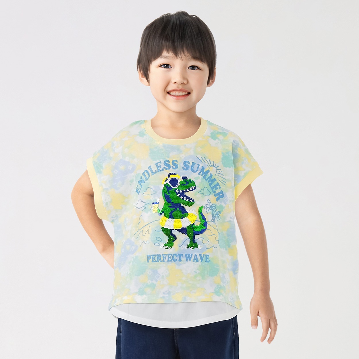 タイダイ風恐竜スパンコールTシャツ 男の子 キッズ 100cm-130cm(イエロー-130cm)