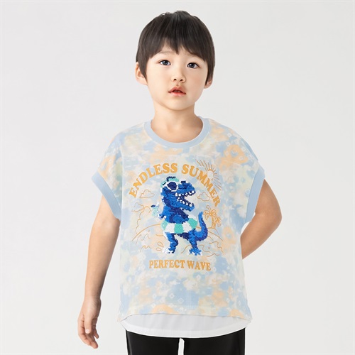 タイダイ風恐竜スパンコールTシャツ 男の子 キッズ 100cm-130cm(ブルー-100cm)