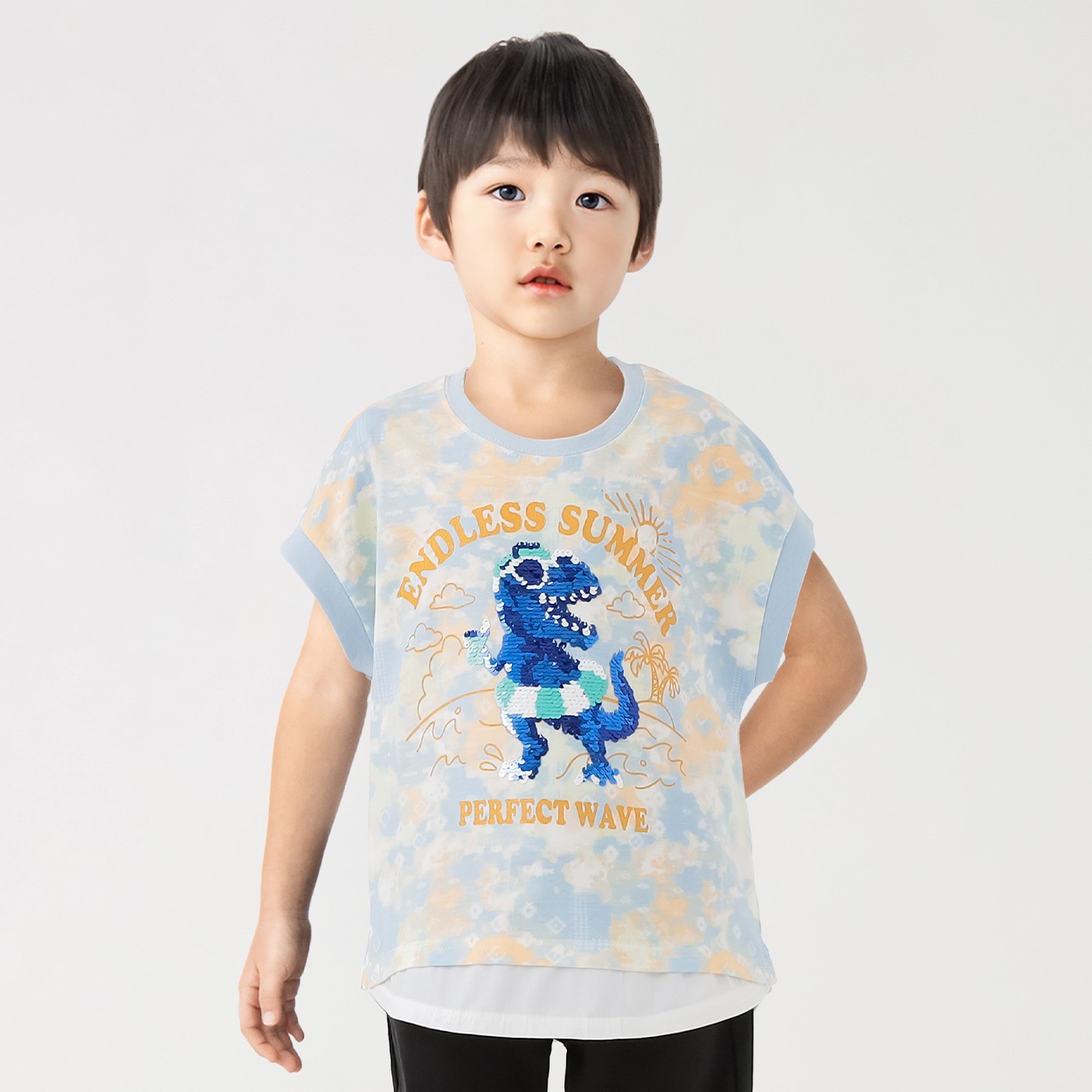 タイダイ風恐竜スパンコールTシャツ 男の子 キッズ 100cm-130cm