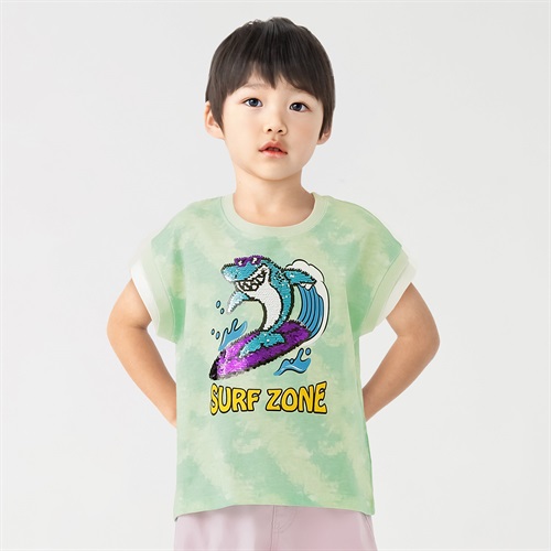 タイダイ風サメスパンコールランクルTシャツ 男の子 キッズ 100cm-130cm(グリーン-100cm)