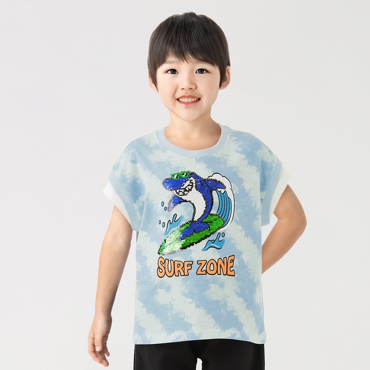 タイダイ風サメスパンコールランクルTシャツ 男の子 キッズ 100cm-130cm(ブルー-120cm)