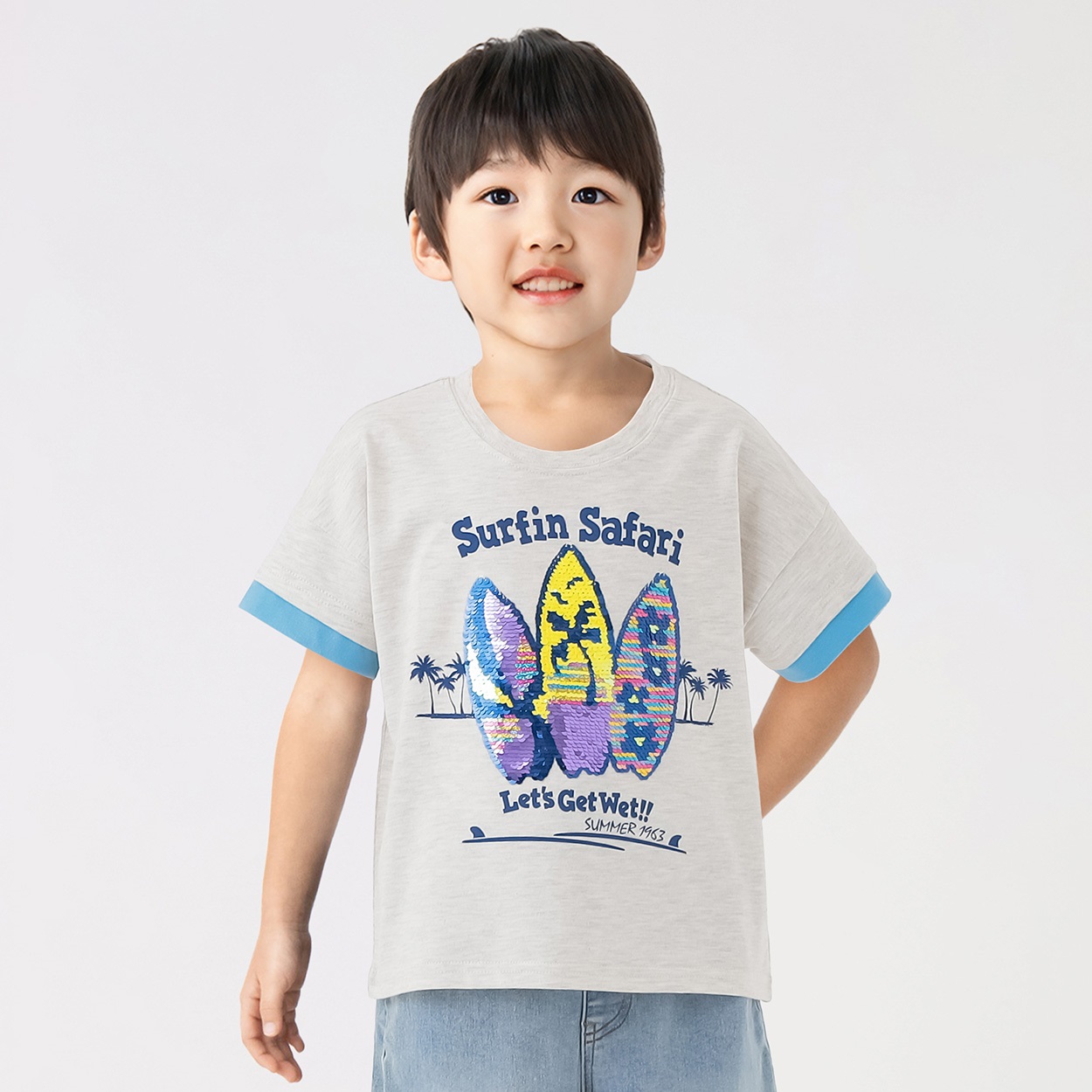 袖フェイクサーフボードスパンコールTシャツ 男の子 キッズ 100cm