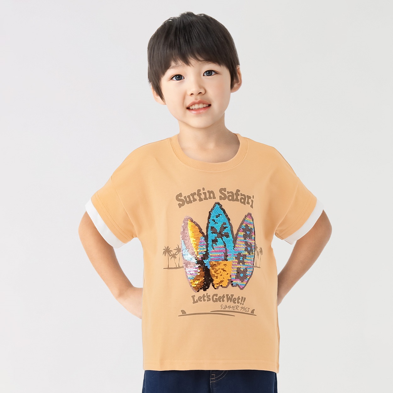 古着　Tシャツ キッズ 袖フェイクサーフボードスパンコールTシャツ 男の子 キッズ 100cm