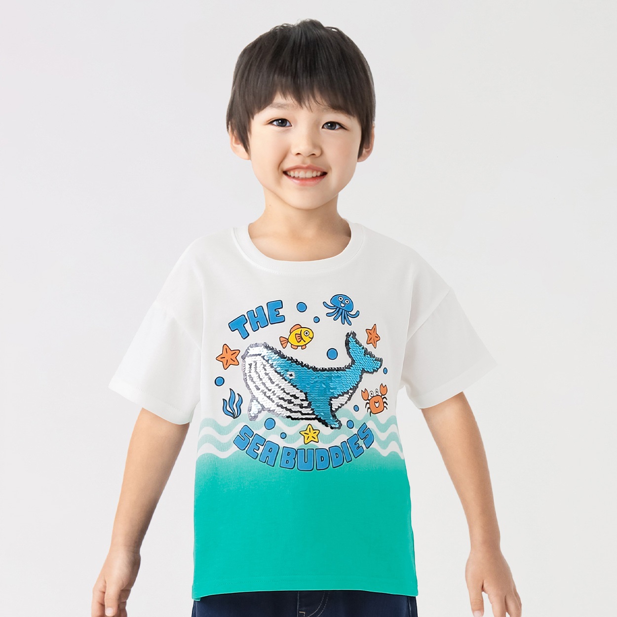 グラデーションプリントクジラスパンコールTシャツ 男の子 キッズ 100cm-130cm(ホワイト-130cm)