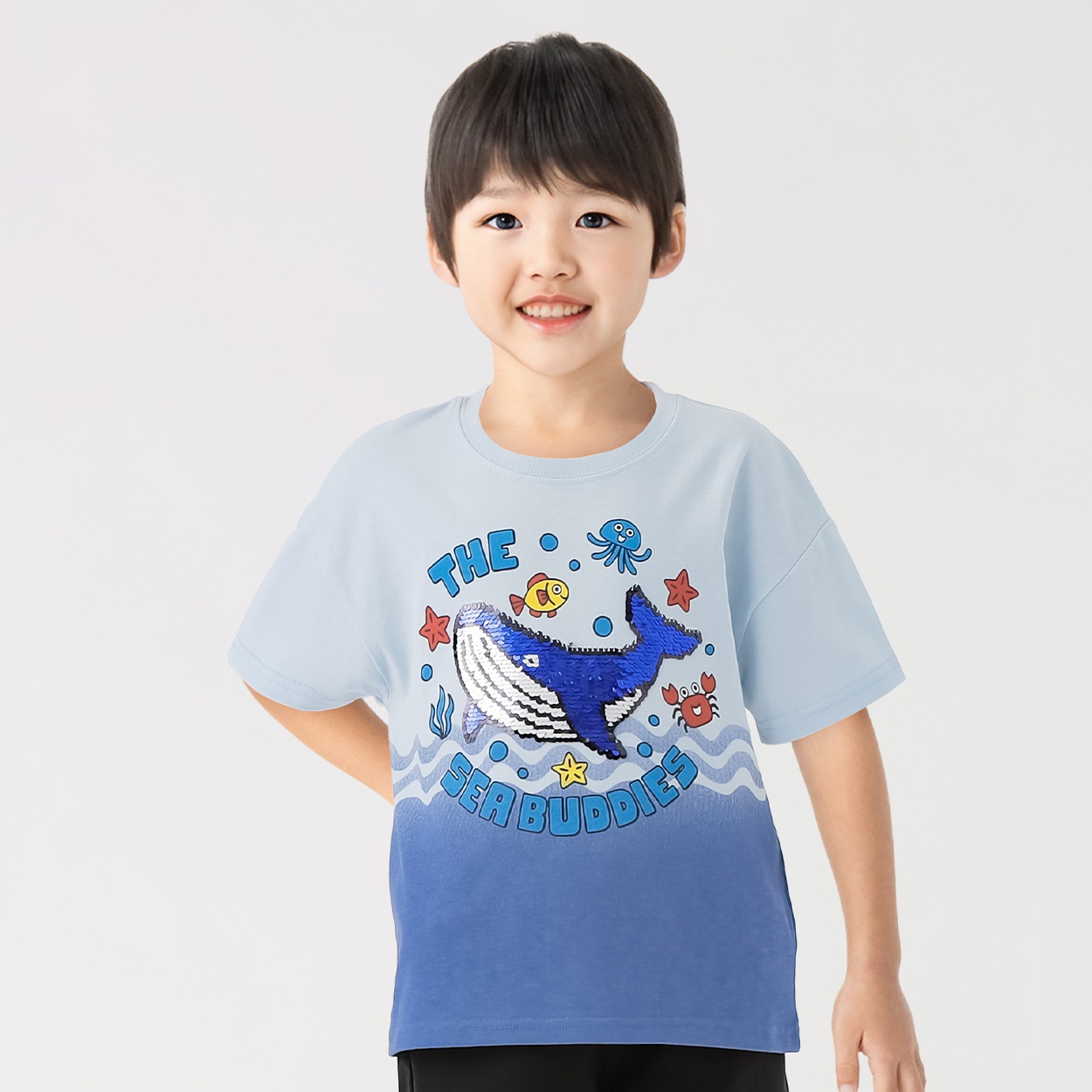 グラデーションプリントクジラスパンコールTシャツ 男の子 キッズ 100cm-130cm(ブルー-120cm)