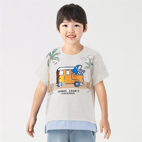 裾フェイク風景プリント車スパンコールTシャツ 男の子 キッズ 100cm-130cm(グレー-100cm)