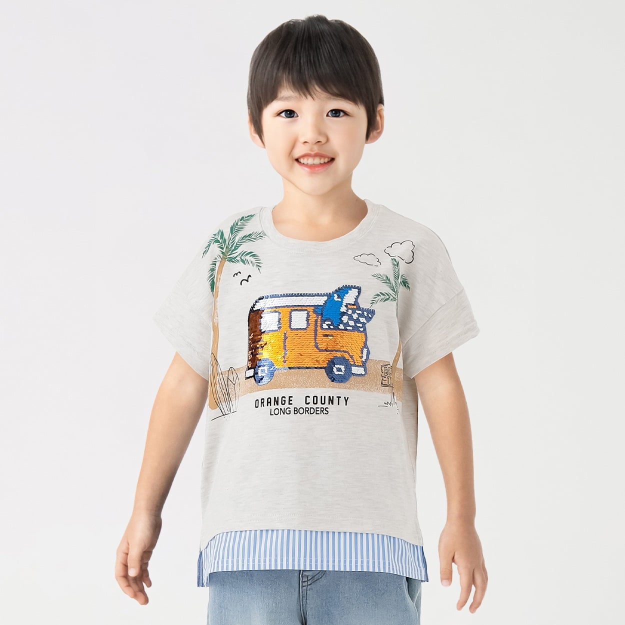 裾フェイク風景プリント車スパンコールTシャツ 男の子 キッズ 100cm-130cm(グレー-120cm)