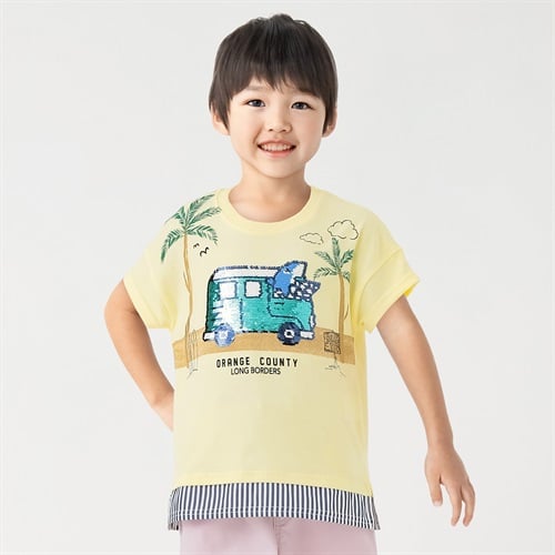 裾フェイク風景プリント車スパンコールTシャツ 男の子 キッズ 100cm-130cm