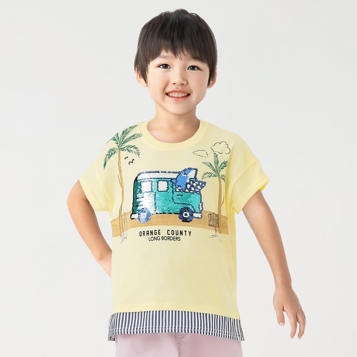 裾フェイク風景プリント車スパンコールTシャツ 男の子 キッズ 100cm-130cm(イエロー-130cm)