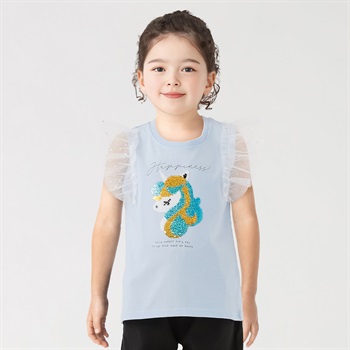 袖チュールユニコーンスパンコールTシャツ 女の子 キッズ 100cm-130cm(サックス-100cm)