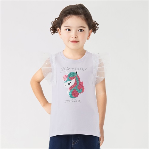 袖チュールユニコーンスパンコールTシャツ 女の子 キッズ 100cm-130cm(パープル-100cm)