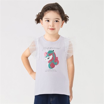 袖チュールユニコーンスパンコールTシャツ 女の子 キッズ 100cm-130cm(パープル-100cm)