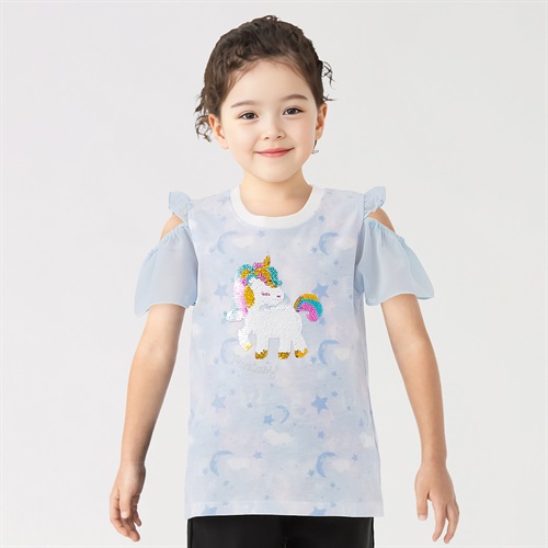 タイダイ風ユニコーンスパンコールTシャツ 女の子 キッズ 100cm-130cm(サックス-100cm)