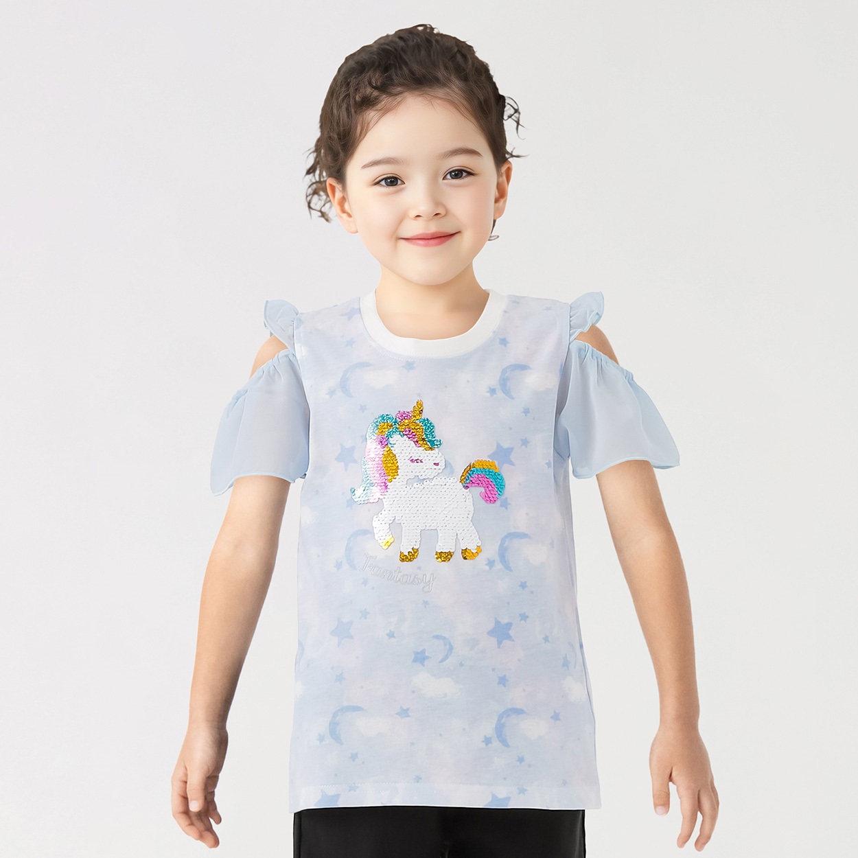 タイダイ風ユニコーンスパンコールTシャツ 女の子 キッズ 100cm-130cm(サックス-100cm)