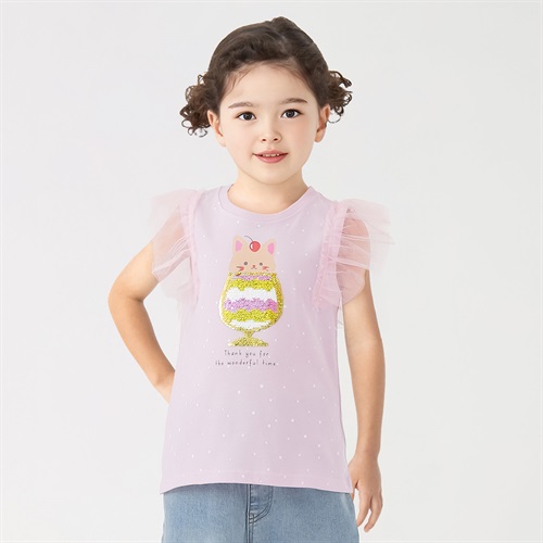 ドット肩チュールネコスパンコールTシャツ 女の子 キッズ 100cm-130cm(ピンク-100cm)