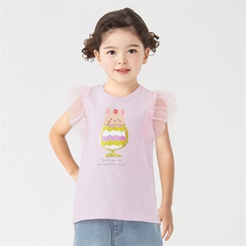ドット肩チュールネコスパンコールTシャツ 女の子 キッズ 100cm-130cm(ピンク-100cm)