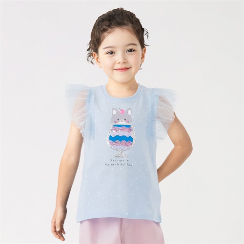 ドット肩チュールネコスパンコールTシャツ 女の子 キッズ 100cm-130cm