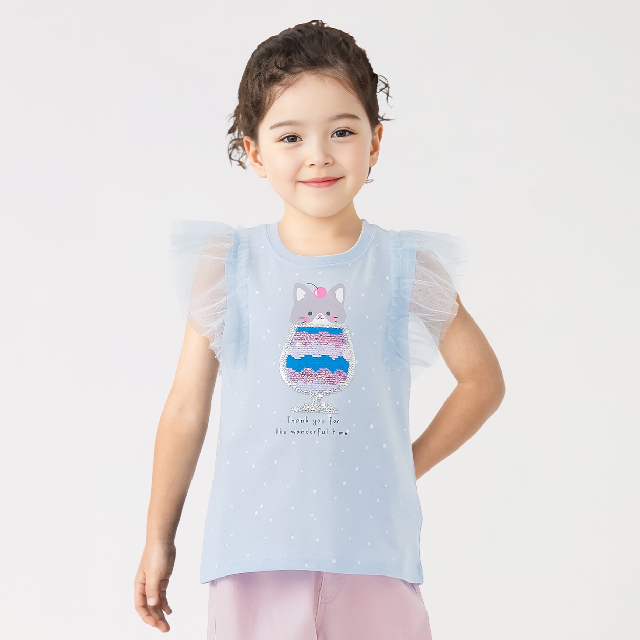 ドット肩チュールネコスパンコールTシャツ 女の子 キッズ 100cm-130cm(サックス-120cm)
