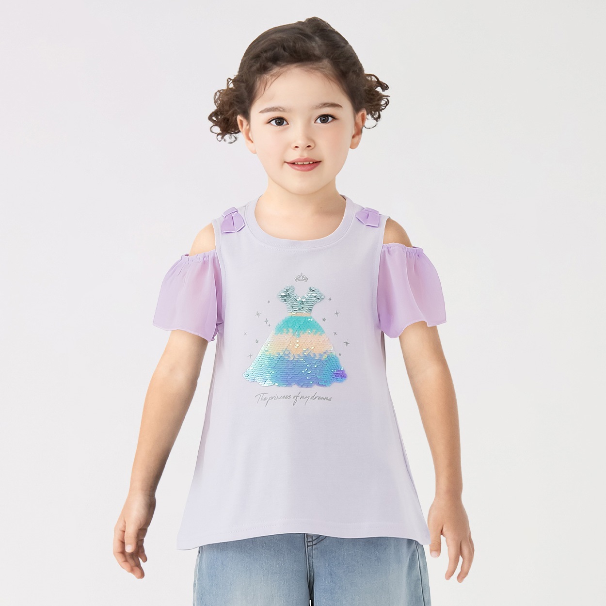 肩開きドレススパンコールTシャツ 女の子 キッズ 100cm-130cm(パープル-120cm)