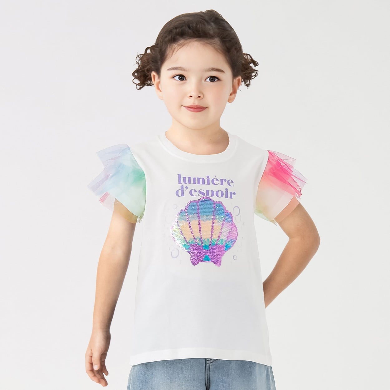 袖レインボーチュールシェルスパンコールTシャツ 女の子 キッズ 100cm-130cm(ホワイト-100cm)