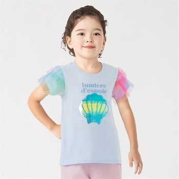 袖レインボーチュールシェルスパンコールTシャツ 女の子 キッズ 100cm-130cm(サックス-100cm)