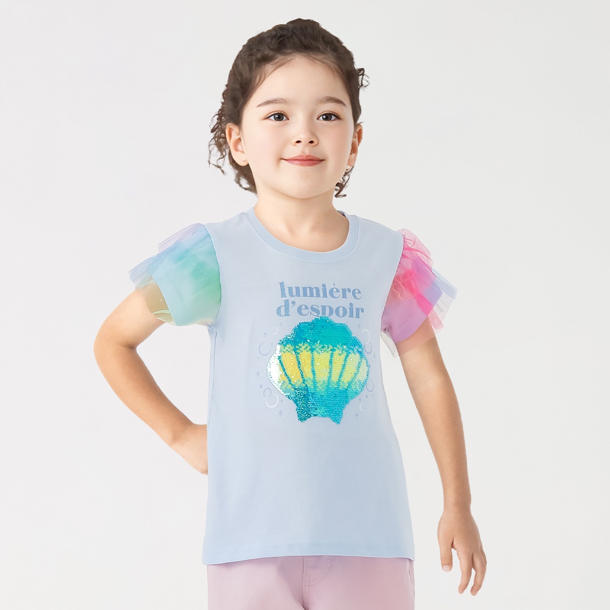 袖レインボーチュールシェルスパンコールTシャツ 女の子 キッズ 100cm-130cm(サックス-110cm)