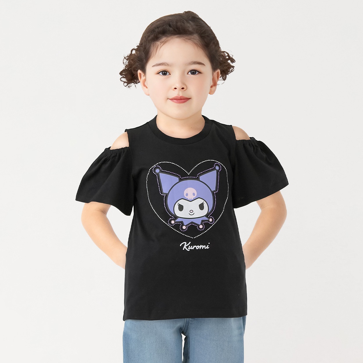 クロミ ラインストーン肩あきTシャツ 女の子 キッズ 110cm-130cm(ブラック-120cm)
