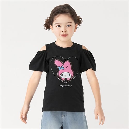 マイメロディ ラインストーン肩あきTシャツ 女の子 キッズ 110cm-130cm(ブラック-110cm)