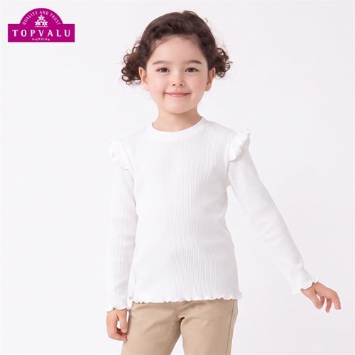 衿よれにくいコットン袖フリル長袖Tシャツ キッズ 女の子 トップバリュ 100cm-130cm(ホワイト-100cm)