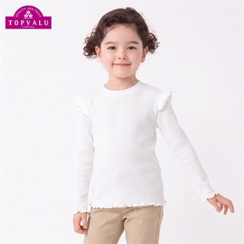 衿よれにくいコットン袖フリル長袖Tシャツ キッズ 女の子 トップバリュ 100cm-130cm(ホワイト-100cm)
