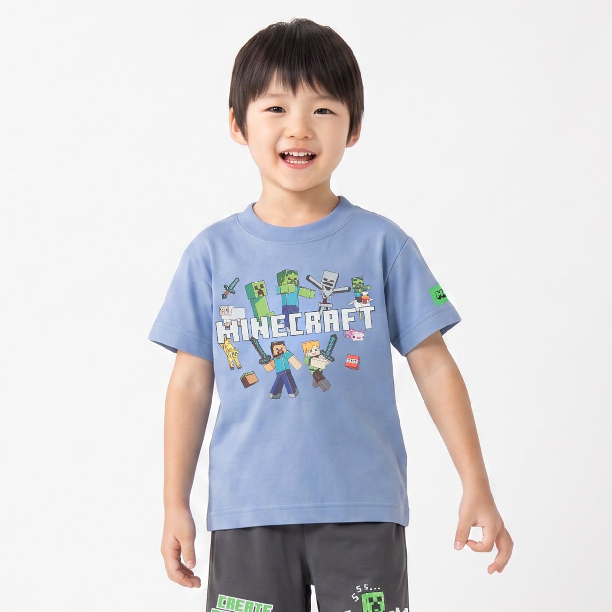 マインクラフト 半袖Tシャツ キッズ 男の子 女の子 110cm-130cm(ブルーグレイ-110cm)