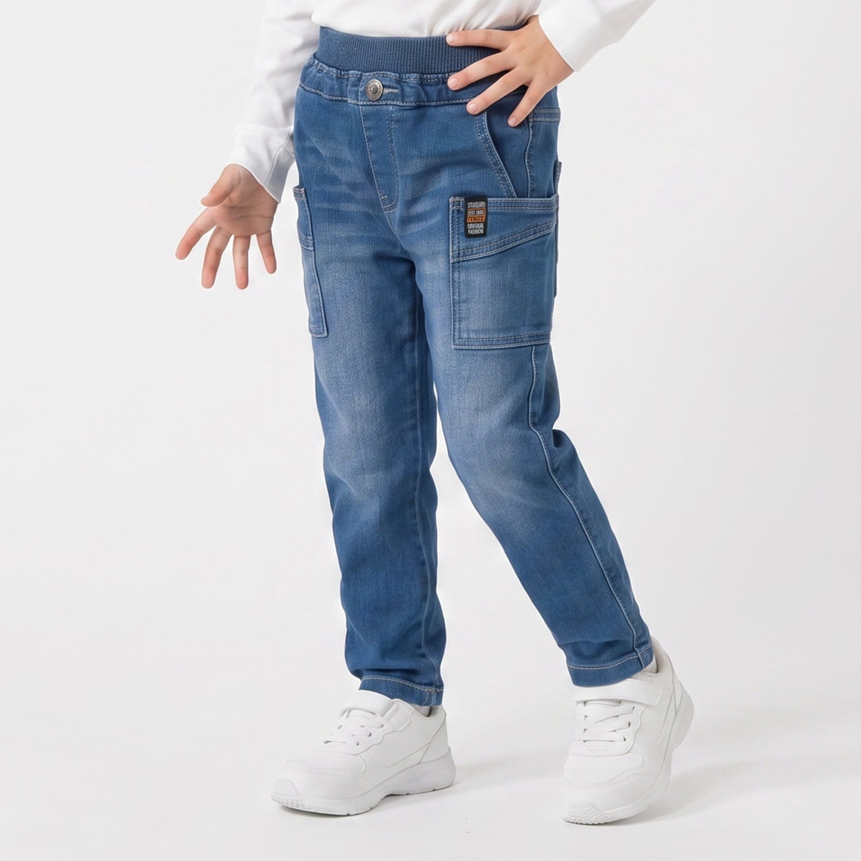 ニット風デニムカーゴロングパンツ キッズ 男の子 100cm-130cm(サックス-110cm)
