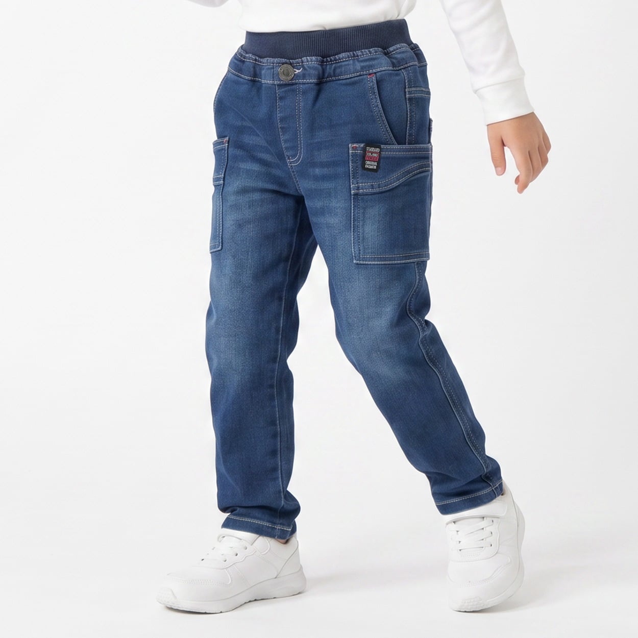 ニット風デニムカーゴロングパンツ キッズ 男の子 100cm-130cm(ネイビー-110cm)