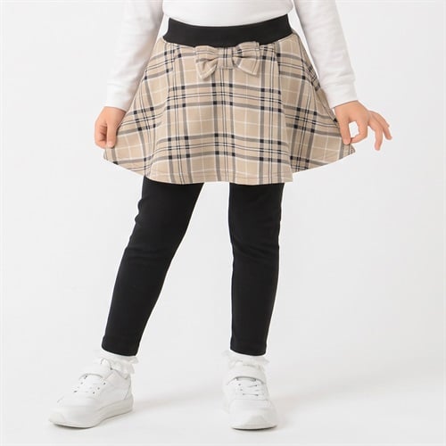 チェック裏ベロアレギンス付スカート キッズ 女の子 100cm-130cm(ベージュ-100cm)