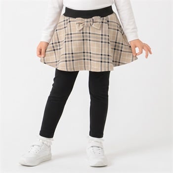 チェック裏ベロアレギンス付スカート キッズ 女の子 100cm-130cm(ベージュ-100cm)