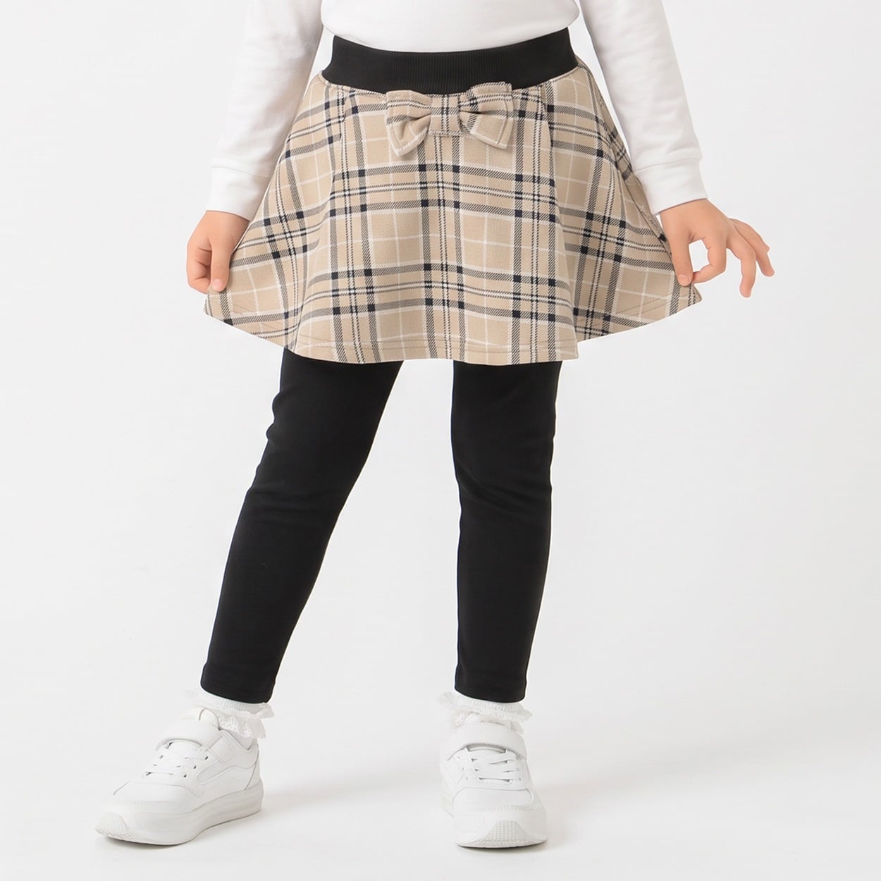 チェック裏ベロアレギンス付スカート キッズ 女の子 100cm-130cm(ベージュ-130cm)