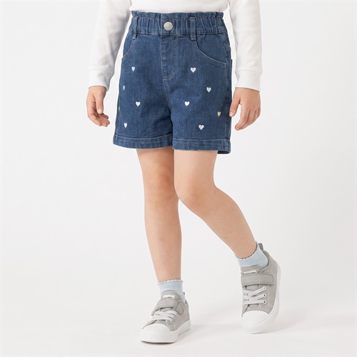 デニム刺繡ショートパンツ キッズ 女の子 100cm-130cm(ネイビー-100cm)