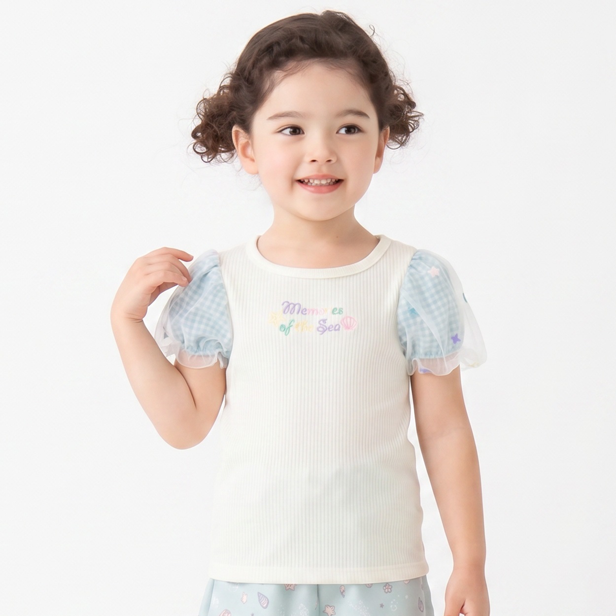 karamell KAKA 袖刺しゅうテレコTシャツ キッズ 女の子 100cm-130cm(ホワイト-110cm)